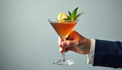Man in suit holds classic cocktail with lemon slice and mint garnish. Elegant amber beverage in martini glass suggests 1960s 70s style, nostalgia, and sophisticated bar experience.