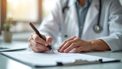 Doctor in white coat with stethoscope fills out patient form at desk. Focus on preventive health screening, wellness, medical analysis. Pro healthcare consultation, diagnosis process. Hand holding