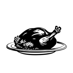 Roast turkey on platter silhouette – festive baked poultry icon garnished with herbs, Thanksgiving dinner vector illustration for menu logo, holiday recipe or butcher shop label design