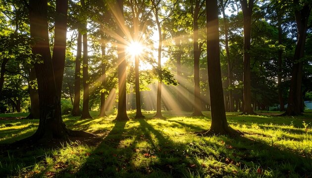 Sunlight streams through a lush forest - Powered by Adobe
