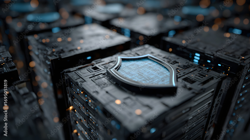 Aufkleber digital security concept with a shield and servers rpresenting data protection cybersecurity, and se