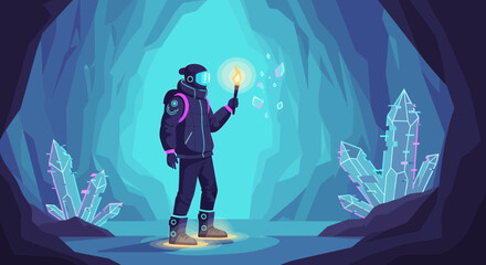 Futuristic explorer with torch in crystal cave creates atmosphere of wonder and discovery
