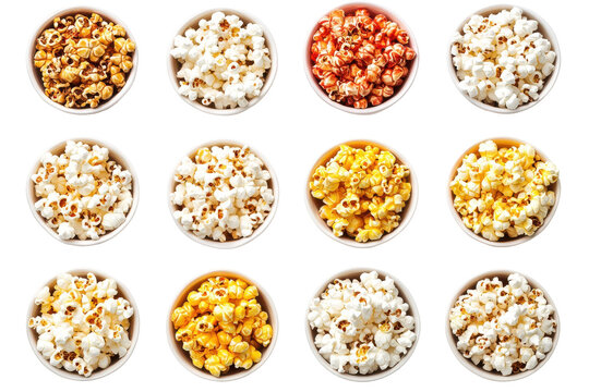 Bowls of assorted flavored popcorn isolated on transparent background. Collection of popcorn isolated on white background.