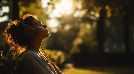 Young Woman with Headphones Enjoying Music and Sunlight in a Park at Sunset