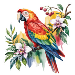 Obraz premium Tropical Watercolor Parrot with Flowers 