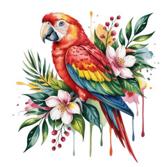 Fototapeta premium Tropical Watercolor Parrot with Flowers 