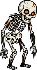 Cartoon skeleton character, orange eye socket bones, spooky Halloween monster, cad drawing flat vector illustration, creepy undead stylized design