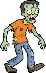 Cartoon zombie character, green undead man, Halloween horror walk, torn clothes monster, cad drawing flat vector illustration, spooky creepy art