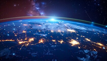 A captivating view of Earth from space, highlighting global connectivity with a network of luminous lines and the bright lights of cities.