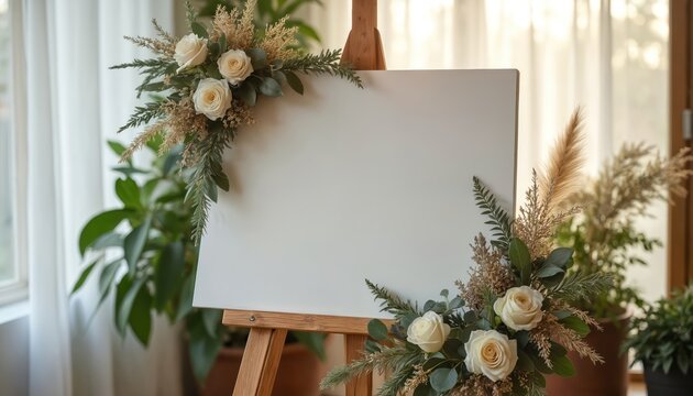 Blank white welcome sign on wooden easel with boho floral arrangement. Mockup template for modern wedding, event, or business. Empty space for text, names, dates. Natural light, indoor setting. - Powered by Adobe