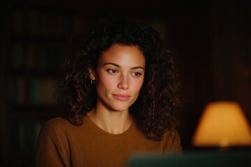 Warm indoor scene featuring thoughtful woman engaged in her work