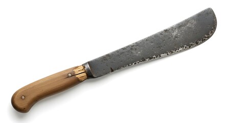 An illustration of a large, curved machete with a wooden handle. This tool is used for cutting, clearing brush, and outdoor survival tasks, symbolizing utility, ruggedness, and manual labor in nature.