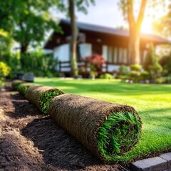 Freshly Rolled Green Sod Lawn Installation in Sunny Garden Landscape Setting