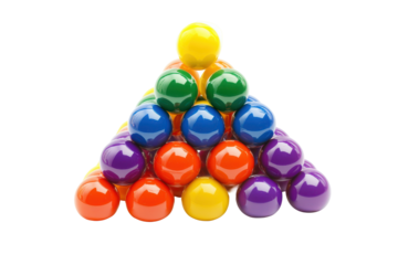 Colorful magnetic balls stacked in a pyramid isolated on transparent background. Colorful toy pyramid isolated on white background.