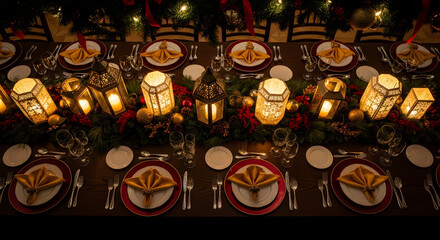 Elegant Christmas Dinner Table Setting with Decorative Lanterns and Festive Decorations