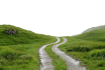 Winding dirt path through green rolling hills isolated on transparent background. Countryside road in lush grassy landscape isolated on white background.