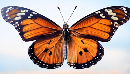 Fototapeta premium a large orange butterfly with black spots is flying in the air