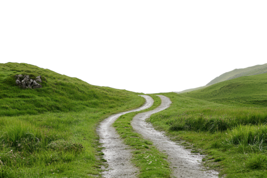 Winding dirt path through green rolling hills isolated on transparent background. Countryside road in lush grassy landscape isolated on white background. - Powered by Adobe