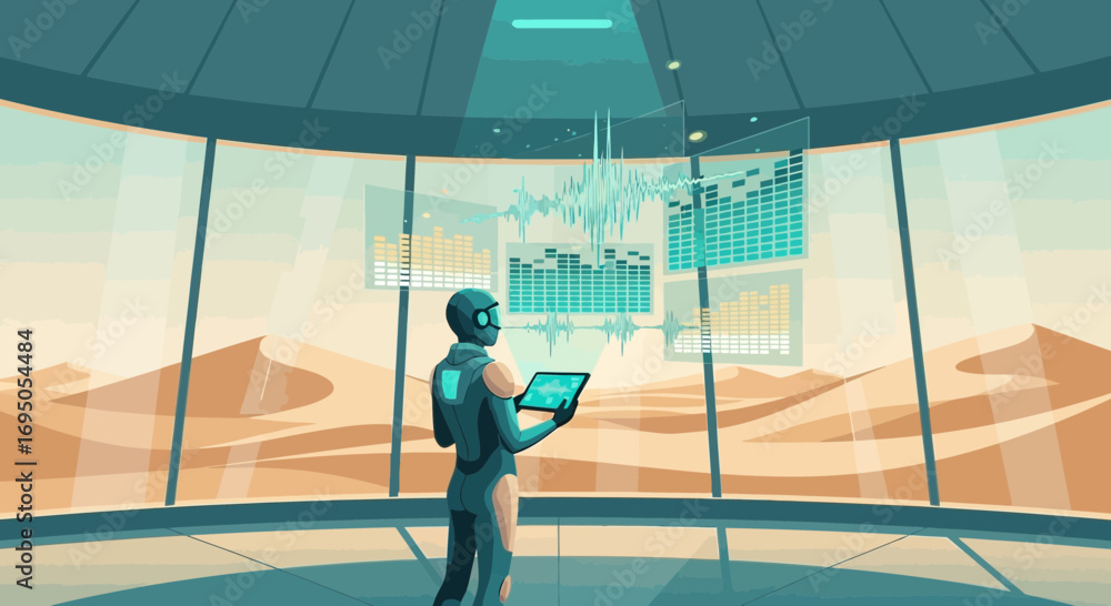 Poster Futuristic Martian Habitat with Analysis of Data and Graphs of a Space Explorer