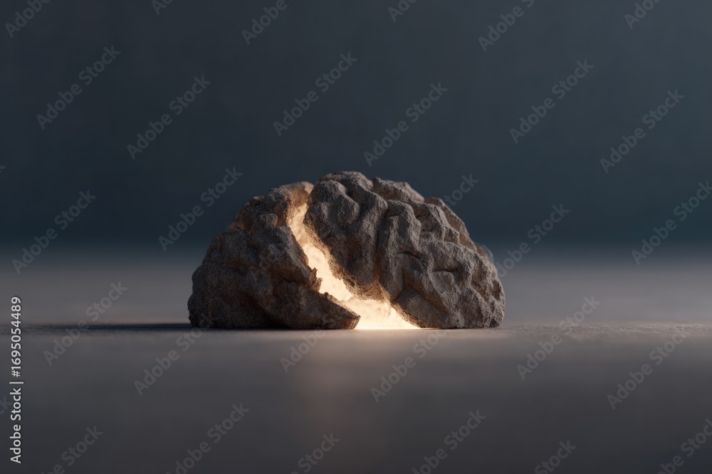 Poster concept of brain-like stone illuminated from within, symbolizing