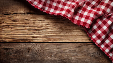 Red and White Gingham Tablecloth on Rustic Dark Wooden Table Background