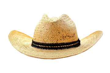 Straw cowboy hat with black band isolated on transparent background. Cowboy hat isolated on white background.
