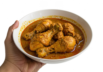 A hand holding a white bowl filled with chicken drumsticks in a rich and flavorful curry sauce on transparent background