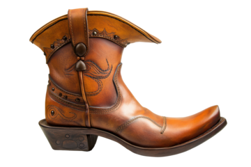 Brown leather cowboy boot isolated on transparent background. Cowboy leather boots and a hat isolated on white background.