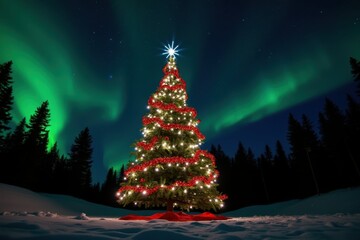 Decorated christmas tree under a vibrant aurora borealis sky