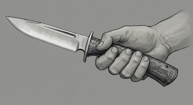 Hand holding knife illustration close up detailed drawing isolated white background