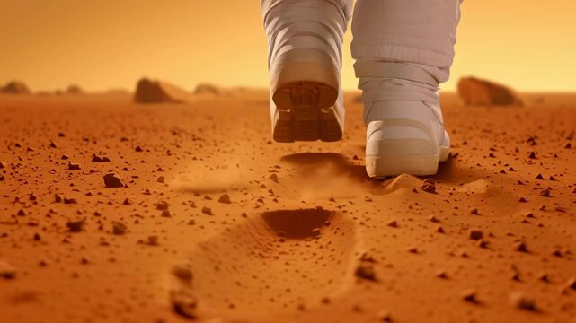 Close-up of astronaut boot leaving footprints on rocky orange Martian landscape with rocky terrain and distant hills during exploration