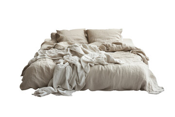 Cozy unmade bed with textured linens isolated on transparent background. Cozy modern bedroom setting with unmade bed and neutral colored bedding isolated on white background.