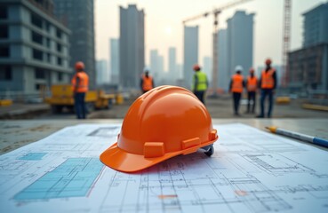 Orange hard hat rests on architectural blueprint at construction site. Workers in safety vests, helmets visible in background near skyscrapers. Emphasizes planning, engineering, precision, project
