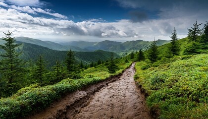 Fototapeta premium rugged muddy trail cuts through a mountainous landscape with lush greenery and dense forests framed by dramatic skies and rolling hills in the distance