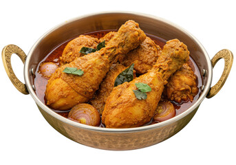 Golden bowl filled with chicken drumsticks in curry sauce and onions ready to be served hot on transparent background