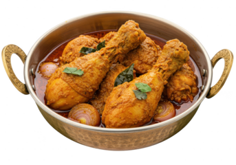 Golden bowl filled with chicken drumsticks in curry sauce and onions ready to be served hot on transparent background