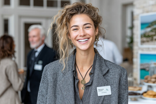 Confident young businesswoman smiling at networking event wearing name badge and professional outfit, standing in bright modern venue during corporate conference or seminar