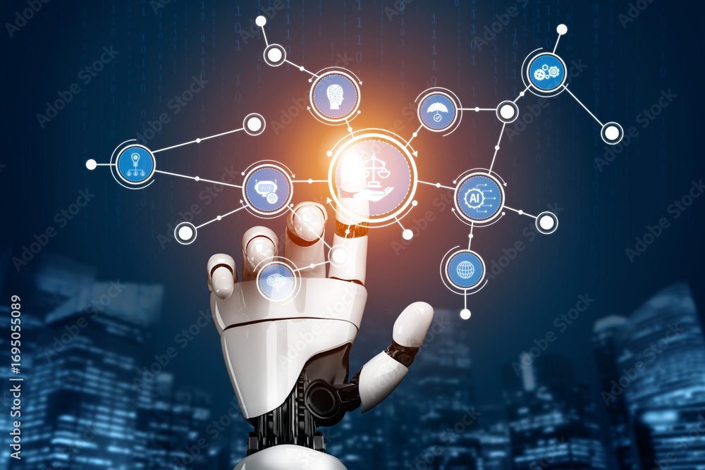 Poster a futuristic robotic hand reaches out, symbolizing the intersection of artificial intelligence and d