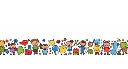Whimsical illustration of diverse children and playful characters with white background