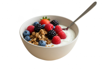 A bowl filled with yogurt, granola, blueberries, raspberries, blackberries, and a strawberry fruit on transparent background