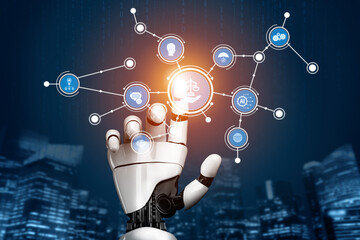 A futuristic robotic hand reaches out, symbolizing the intersection of artificial intelligence and digital innovation against an urban backdrop, showcasing connectivity. Tessel