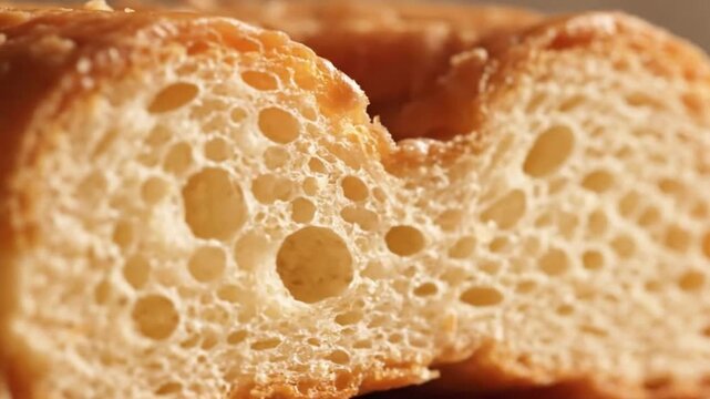 Close-up macro shot of the airy interior of a freshly baked loaf of bread, revealing its porous texture and golden crust