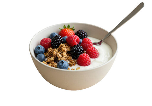 A bowl filled with yogurt, granola, blueberries, raspberries, blackberries, and a strawberry fruit on transparent background - Powered by Adobe