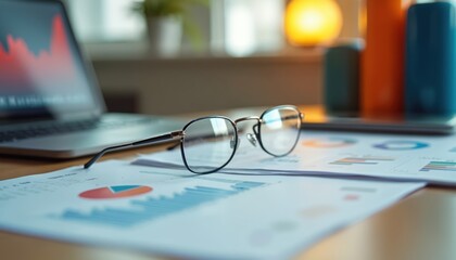Financial data analysis presented on desk with laptop, charts, graphs, papers. Glasses rest on documents showing market trends, investment performance. Workspace with office supplies, report,