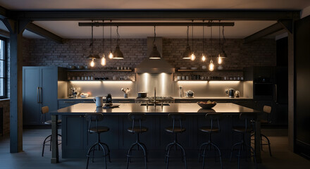 Elegant Dark Kitchen Interior Design with Lighting Fixtures and Brick Walls