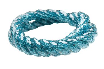 Sparkling teal knotted hair tie isolated on transparent background. Coiled rope isolated on white background.