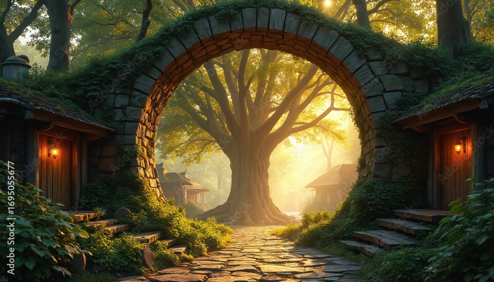 Aufkleber mystical stone archway opens to ancient, sun-drenched tree in rich forest. cobblestone path leads th