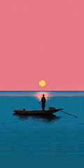 Naklejka premium Silhouetted fisherman in a boat at sunset