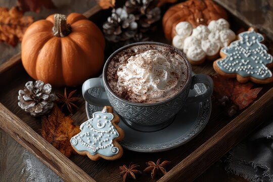 Flat lay of pumpkin spice latte with Halloween