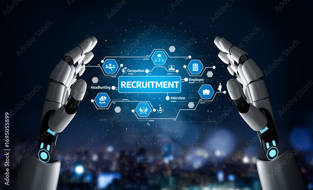 Poster this captivating image features robotic hands showcasing futuristic icons related to recruitment and